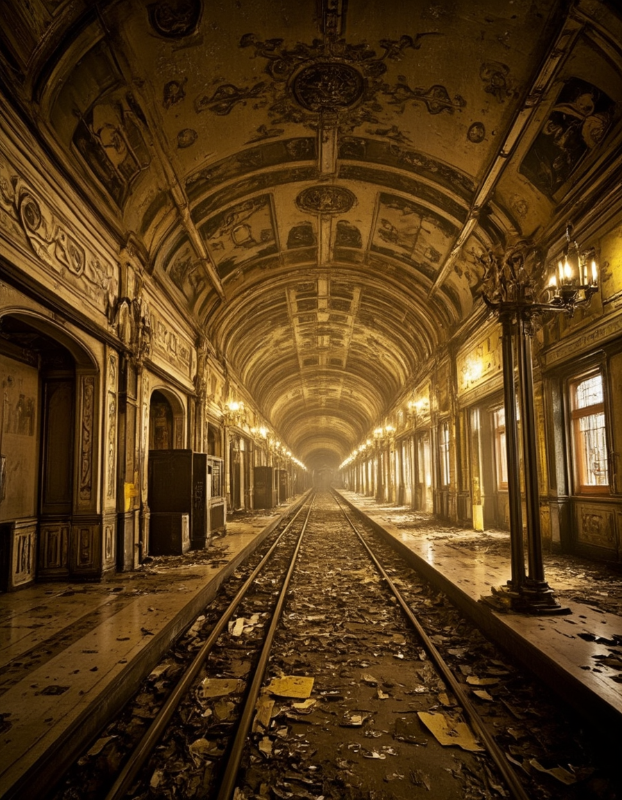 <lora:City_Worlds02_Lost_Operaflux:1>  cw02lost, cyberpunk, train station, baroque, medieval, gold
