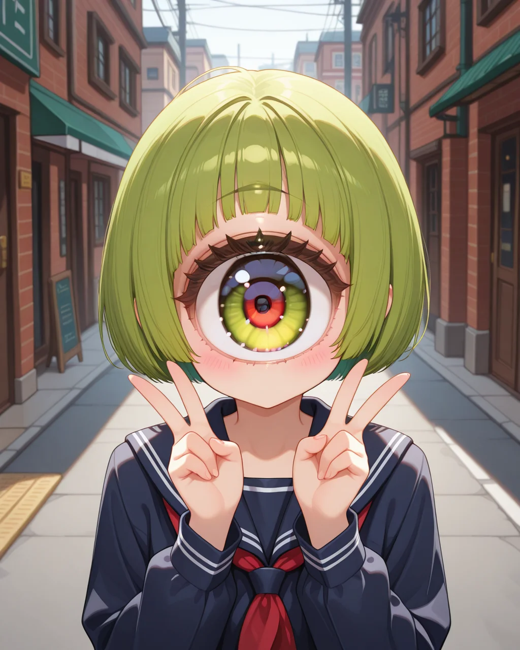 masterpiece,best quality,highres illustration,detailed face,1girl,upper body,<lora:hugeeye_IL:1>,cyclops,double v,blush,street,serafuku,bob cut,green hair,green eye