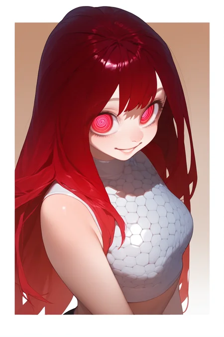 [(border:1.4), ::5], hexagon, score_8_up. score_7_up, <lora:eatsleep1111:1>, eatsleep1111, simple background, 
1girl, red hair, gradient hair, long hair, sexual smile, big eyes,iridescent eyes, crop top, 
upper body, looking at viewer,  <lora:Homare_Style_XL:1>