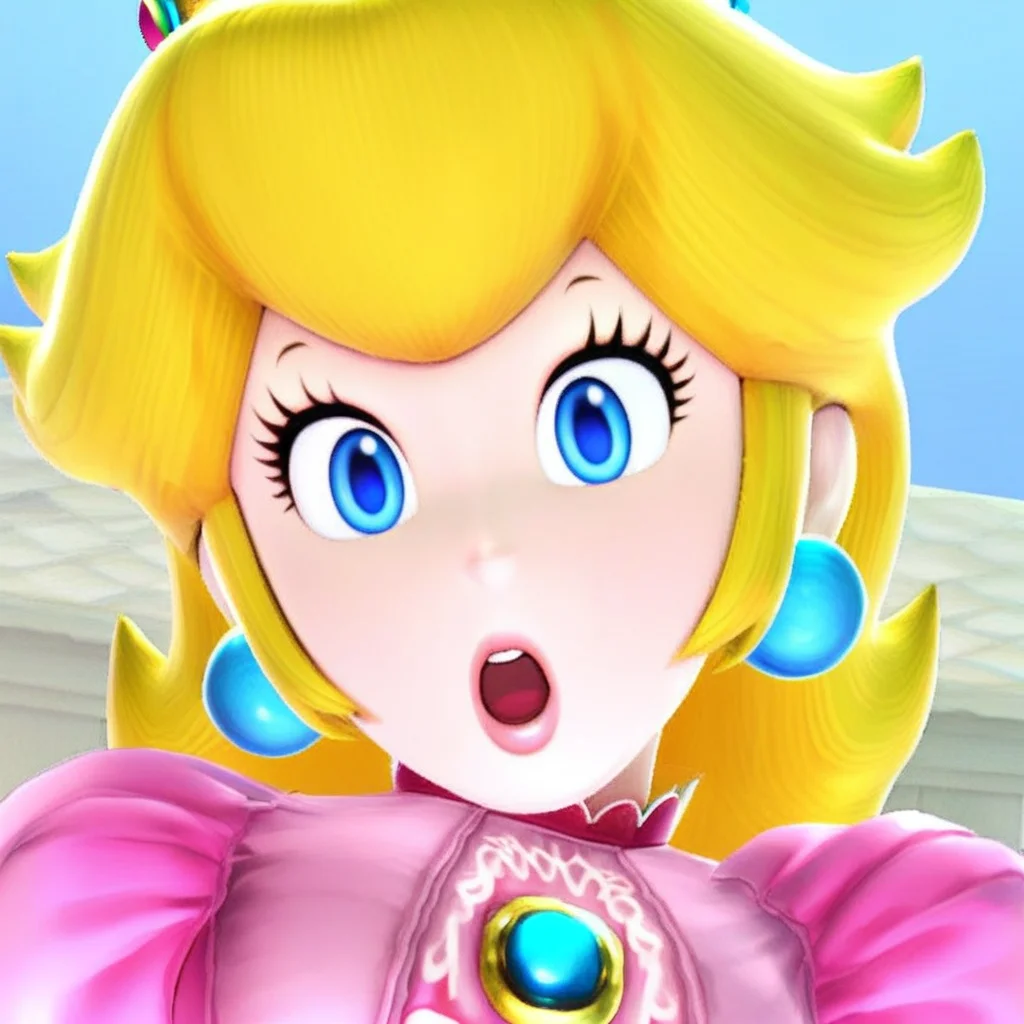 ultimatepeach, 1girl, solo, blonde hair, blue eyes, crown, earrings, jewelry, pink dress, puffy sleeves, short sleeves, looking at viewer, face focus, close up, surprised, open mouth