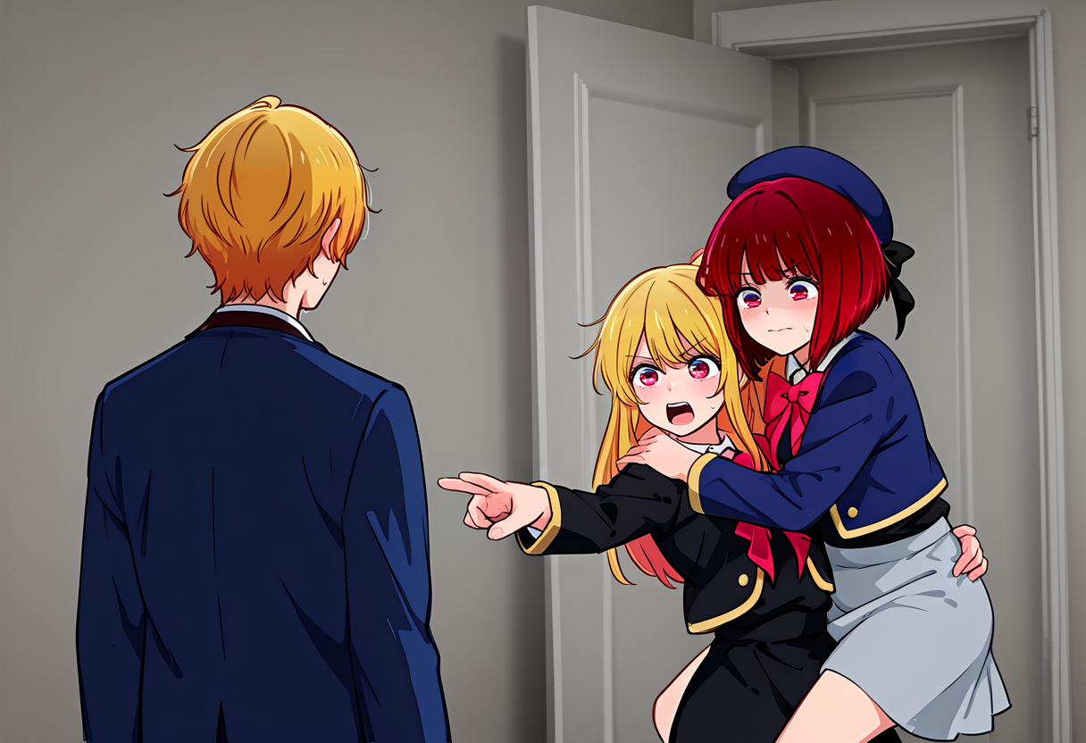 (masterpiece, high quality, amazing detail), highres, 2girls, 1boy, hoshino aquamarine, hoshino ruby, arima kana, protected kevin hert (meme), <lora:protected_kevin_hert_husband_of_hollywood:0.9>