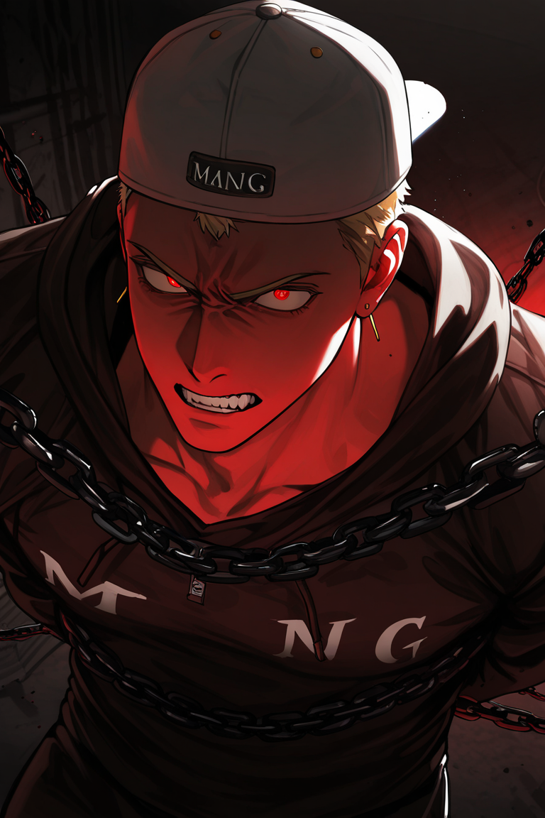 realistic shading, dimlighting, backlighting, red theme, male focus, expressive angry face, urektg, red_urektg_eyes, blonde_urektg_short hair, white_urektg_backwards baseball cap, yellow_urektg_earrings, 1boy, glowing eyes, gritting teeth, chain tied (non-sexual), hood, hands behind back, muscular male, floating clothes, windy, shadow, night indoors prison, dark environment, foreshortening, dutch angle, dynamic angle, dynamic action, intricately detailed illustration, cinematic, depth of field, atmospheric perspective, masterpiece, best quality, amazing quality, very aesthetic, absurdres, newest