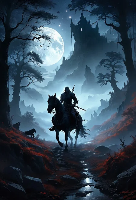 In the tranquil moonlit night, a lone Witcher rides through the ancient forests of the Continent. His silhouette is stark against the silver glow of the full moon, his form outlined by the ethereal light. The dense woods whisper ancient secrets as his horse treads through the mist-covered pathways. His eyes, keen and watchful, scan the shadows for any sign of danger. Behind him, the moon hangs low, casting its soft light over the medieval landscape, illuminating the towering trees and the winding path ahead. The air is thick with magic, and the night holds both mystery and danger in equal measure. vibrant, beautiful, translucent, intricate, detailed, many details, extreme detailed, full of details, Wide range of colors. Dramatic,Dynamic,Cinematic,Sharp details, Insane quality. Insane resolution. Insane details. Masterpiece. 32k resolution.