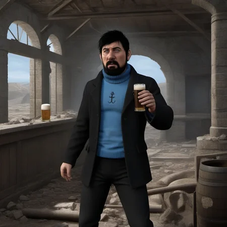 Dystopian style full body portrait man , shocked, black hair, blue shirt, black jacket, blush, black pant, facial hair, no beer in a pub ruins<lora:Haddock1024:0.8> . Bleak, post-apocalyptic, somber, dramatic, highly detailed
