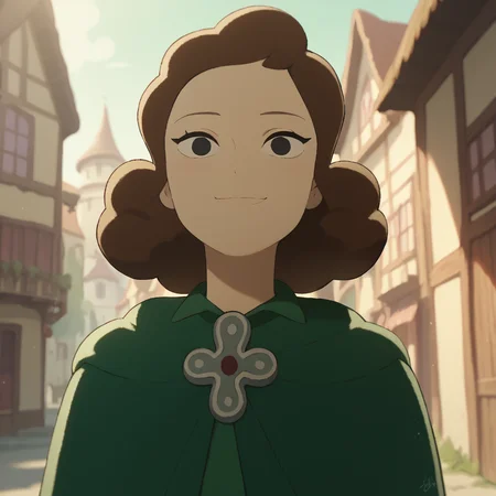 <lora:SlimesMiranjo:1>, score_9, score_8_up, score_7_up, slimes_miranjo, woman, solo, brown hair, black eyes, facing viewer, smiling, village background