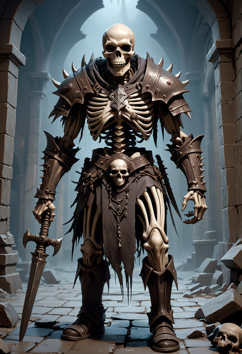 (medium full shot) of (menacing skeleton)  berserker, wearing Chainmail loincloth, skeletal pauldrons, rusted boots, spiked gauntlets, holding wielding rusted flail, set in the cursed lands, in  a desolate skeletal castle, surrounded by a moat, its once grand halls now silent, offering a glimpse into a bygone era , at night, ,Masterpiece,best quality, photo, realistic, very aesthetic,