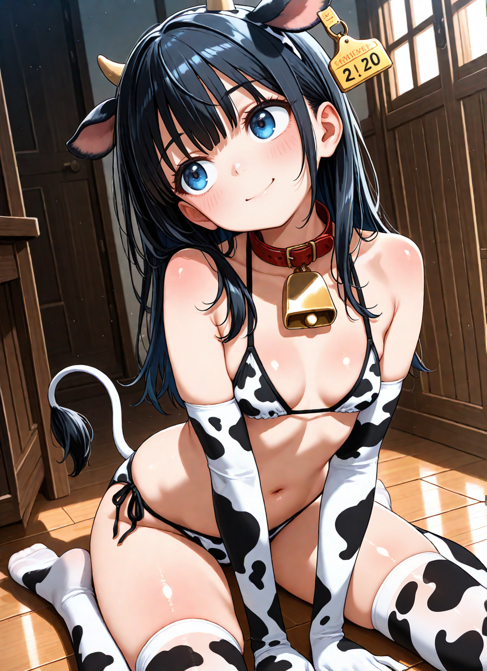 1girl, solo, small breasts, smile,, <BREAK> , masterpiece, amazing quality, best quality, ultra-detailed, 8K, illustration, CG, clear skin, ultra-detailed-eyes, soft skin, shiny skin, shiny hair, very awa, very as2, anime coloring,, , shiny, shiny skin, shiny hair, soft body,, <BREAK> (body blush:1.2),, , f(rom below,  cowboy shot, dutch angle, sitting, wariza, w-legs, kneeling, leaning forward, looking at another, looking up, head tilt),, , animal print, cow print, horns, animal ears, cow ears, cow horns, cow tail, thighhighs, bell, cowbell, navel, neck bell, collar, elbow gloves,