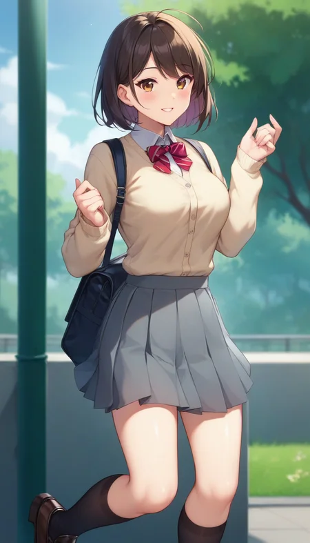 score_9,score_8_up,score_7_up,score_6_up BREAK official art,solo,outdoors,upper body,(portrait:1.5),looking at viewer,facing viewer,smile,blush,Sua Kang,medium hair,black hair,bob cut,sidelocks,hair between eyes,parted bangs,brown eyes,lips,school uniform,beige cardigan,striped cardigan,wing collar,collared shirt,white shirt,dress shirt,long sleeves,medium breasts,miniskirt,grey skirt,pleated skirt,black socks,loafers,<lora:Sua Kang(tb)-Pony:1.2>,