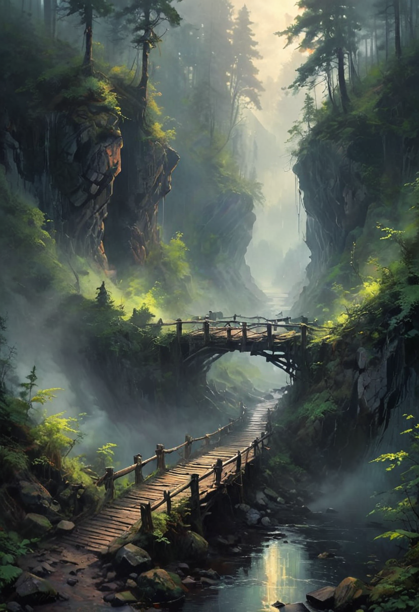 A rickety bridge surrounded by mist, stretches precariously across a deep chasm, connecting two rugged sides of a dense forest nestled within rocky mountains. The forest is thick with towering trees, their leaves a lush green canopy that barely lets any light through. The sky above is casting a somber glow over the landscape. Smoke rises gently from an unseen source, mingling with the thick mist that clings to the ground, creating an eerie and mysterious atmosphere. The overall setting is dark and foreboding, yet strangely beautiful, as the interplay of light and shadow brings the forest to life. [romantic impressionism,dream scenery art,beautiful oil matte painting,romantic,style of thomas kinkade,beautiful digital painting,anime landscape,romantic painting,dreamlike digital painting,colorful painting,beautiful gorgeous digital art,style of greg rutkowski,janek sedlar,jenny saville:0] <lora:vivid_everclear:0.6> <lora:Sinozick:0.65> <lora:WildcardX-XL-Detail-Enhancer:0.8>