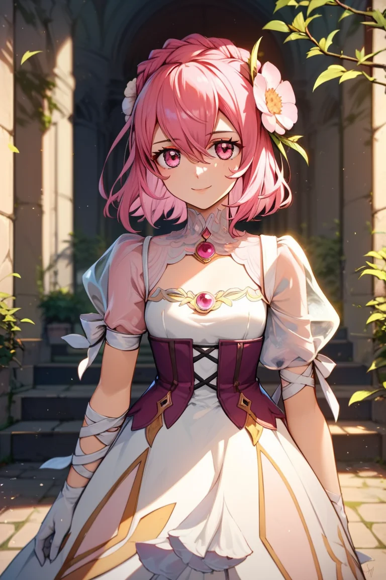 score_9, score_8_up, score_7_up, very aesthetic, source_anime, detailed, high quality, beautiful, masterpiece, detailed eyes,
<lora:lightXL:0.8>
village,
<lora:action-sdxl-V0.5:1>zdyna_pose
cowboy shot, close up, upper body,
walking, light smile
<lora:misella_autismConfetti_v01:0.99> small breasts,
misella, pink hair, pink eyes, short hair, hair flower, hair between eyes,
white dress, see-through sleeves, see-through, dress, puffy sleeves, white gloves, asymmetrical sleeves, braid, leg ribbon, white footwear, white ribbon,, zPDXL