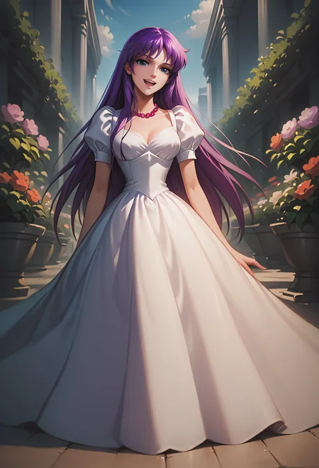 score_9, score_8_up, score_7_up, best quality, intricate details, masterpiece, souce_anime BREAK
<lora:SaoriKido_Pony_v11-12:1> athenakido, purple hair, puffy dress, pearl necklace,
sitting, legs together, high heels, outdoors, garden paradise , sunny,
smile, open mouth, head tilt,