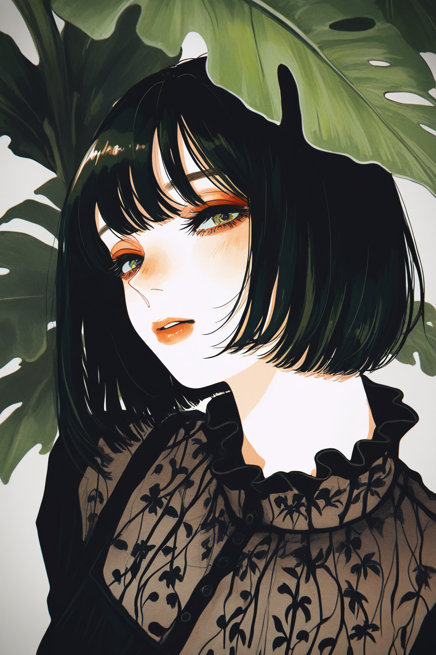masterpiece, best quality, amazing quality, high resolution, very aesthetic, absurdres, detailed background,  <lora:illustriousXL_stabilizer_v1.23:0.3>,(watanabe tomari:0.85), <lora:MoriiMee_Gothic_Niji_Style_Illustrious_r1:0.6>, realistic, creative angle, (cogecha:0.6),
Elegant young woman with short dark bob haircut and soft pale skin, wearing a textured green high-neck dress, framed by large Monstera deliciosa leaves, lively plants, leaves covers her half body, leaves in front of her, Dreamy gaze, natural makeup, soft blush, full lips. Studio lighting, botanical portrait, fashion editorial style, highly detailed, muted tones, lush foliage
