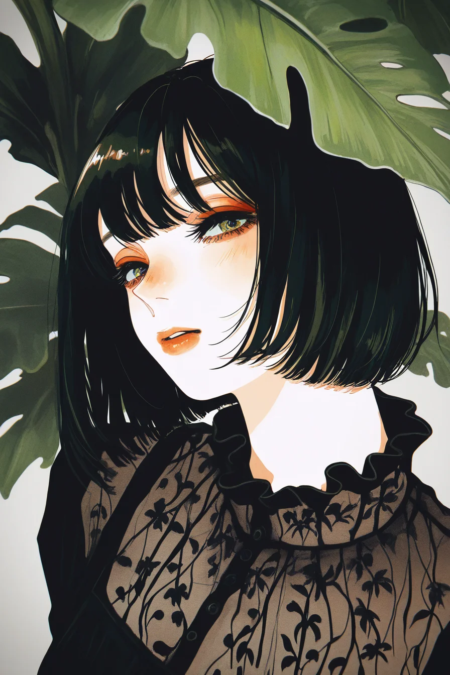 masterpiece, best quality, amazing quality, high resolution, very aesthetic, absurdres, detailed background, <lora:illustriousXL_stabilizer_v1.23:0.3>,(watanabe tomari:0.85), <lora:MoriiMee_Gothic_Niji_Style_Illustrious_r1:0.6>, realistic, creative angle, (cogecha:0.6),
Elegant young woman with short dark bob haircut and soft pale skin, wearing a textured green high-neck dress, framed by large Monstera deliciosa leaves, lively plants, leaves covers her half body, leaves in front of her, Dreamy gaze, natural makeup, soft blush, full lips. Studio lighting, botanical portrait, fashion editorial style, highly detailed, muted tones, lush foliage