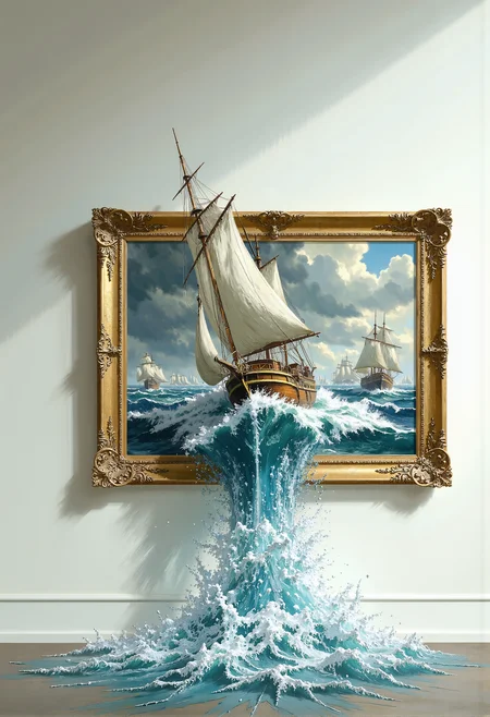 A surreal and whimsical scene where a golden, ornately decorated picture frame hangs on a clean, white gallery wall. The painting within the frame depicts a classic maritime scene, showcasing a fleet of 18th-century wooden ships sailing through turbulent, foamy waves under a cloudy sky. However, the artwork breaks free of its two-dimensional bounds as one of the ships bursts out of the frame into the real world. The ship sails downward, carried by a cascade of water that spills out of the frame and flows freely onto the ground below. The water is rendered in extraordinary detail, with sparkling droplets catching the light as they splash and cascade in mid-air, emphasizing the fantastical nature of the scene. The golden frame itself gleams softly in the light, contrasting with the dynamic motion of the water and the shipâs weathered wooden hull and billowing white sails. The composition blends the boundaries between reality and art, creating a mesmerizing visual spectacle that invites the viewer into this impossible, dreamlike world. The atmosphere is clean and elegant, with a slight glow from soft, diffused lighting enhancing the magical realism of the moment. <lora:aidmaImageUpgrader-FLUX-V0.2.safetensors:0.66>, <lora:Warhammer_Rogue_Trader_Style_flux-000021.safetensors:0.5>, <lora:Elden_Ring_-_Yoshitaka_Amano.safetensors:1.0>,
