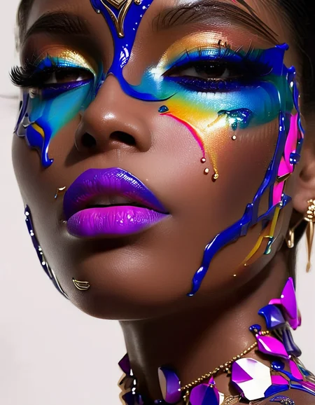 Dreamscape black hair, jewelry, 1girl, looking at viewer, dripping, earrings, lips, blue eyes, makeup, dark skin, lipstick, nose, eyeshadow, eyelashes, signature, facepaint, bodypaint, sharp focus, intricate, elegant, highly detailed, professional color, colorful, deep aesthetic, magic, new, shiny, futuristic, vibrant
<lora:DrippingXL:1>, , <lora:FILM_PHOTOGRAPHY_STYLE:0.25> . Surreal, ethereal, dreamy, mysterious, fantasy, highly detailed