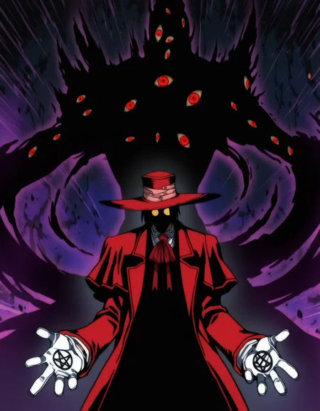 masterpiece, absurdres, best quality, refined digital art,
1boy, alucard, hellsing, hat, jacket, white shirt, sunglasses, extended arms, white gloves, pentagram, dark magic, dark energy is swirling around the scenery, extra eyes, red eyes, cinematic,
anime screencap, character art, 1other, dark silhouette, clear lines, soft colors, anime aesthetic, 1990s,
artist: hungry clicker, artist: optionaltypo,
<lora:Hellsing classic Illustrious:0.75>