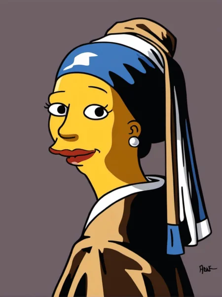 The girl with a pearl earring by Johannes Vermeer, simpstyle <lora:SDXL-simpstyle-Lora:1>, Very detailed, clean, high quality, sharp image