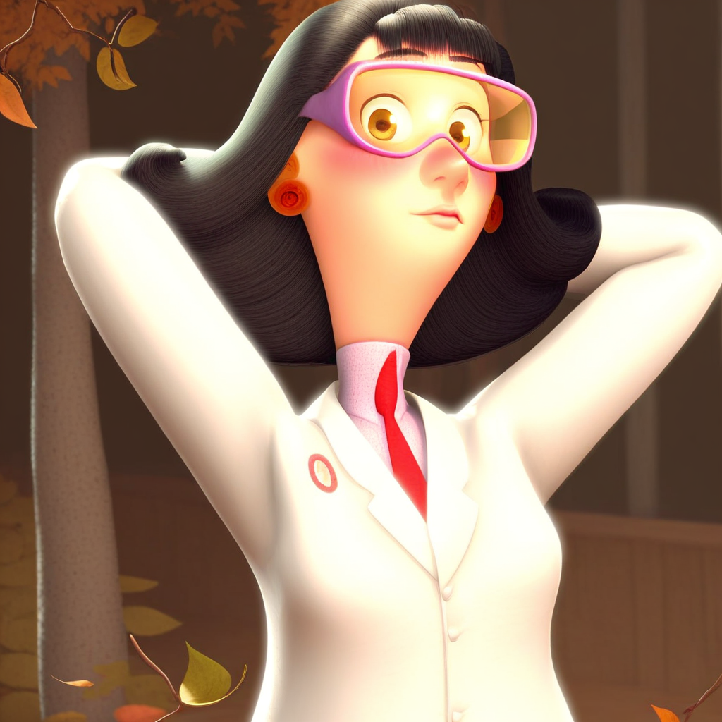 score_9, solo, lucille_mtr, 1girl, black hair, goggles, earrings, labcoat, necktie, arms behind head, looking at viewer, blush, tree, leaves, natural lighting