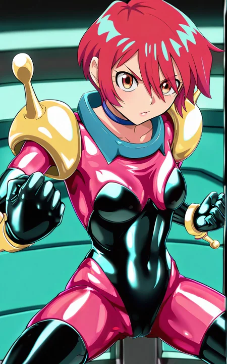 masterpiece, best quality, high resolution, 1girl, solo,  <lora:RainTraceSuitCosplay:1> <lora:GQuX-amate_yuzuriha_XL(ill)v10:1> gqux-amate_yuzuriha, short hair, red hair, pink latex bodysuit, black leotard, black gloves, yellow shoulder armor, black thigh highs, blue collar trim, choker, fighting stance, pumped fists, small breasts, yellow bracelets