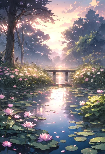 detailed background,( Calm spring night landscape), amongst lush greenery, beautiful view, Water lilies in full bloom, Water lilies, Unexplored, early morning, sunrise sky, beautiful clouds, dappled sunlight, beautiful, Tranquil Lake, Walkway, petals dancing in the wind, depth of field, masterpiece, best quality, ultra-detailed, very aesthetic, illustration, perfect composition, intricate details, absurdres, moody lighting, wisps of light, no humans,