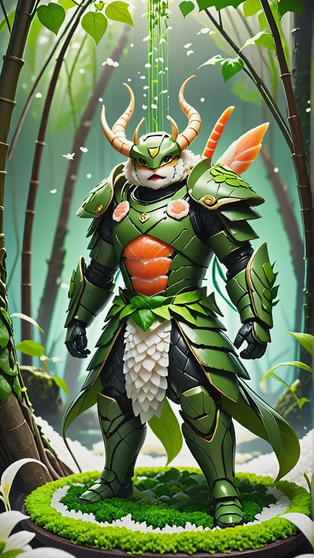 <lora:SushiStyleXL:1>SushiStyle 10%(Style-SwampMagic:0.8), portrait, solo, (full body:0.6), looking up, detailed background, detailed face, (<lora:WorldofEarthTEST:0.7>, worldofearth theme:1.1) 10%techno-druid, leaf armor, infusion of ivy with armor, green magical lights, stoic, nature powers, lit-up green mystical symbols on armor, ethereal energy radiating, plant overgrowth,floating particles, ruined garden left to nature in background, winter, birds, wind blowing, sunlight, magical atmosphere,, made out of sushi, sashimi, rice, (japanese:0.5), crafted with sushi, (Masterpiece:1.3) (best quality:1.2) (high quality:1.1)