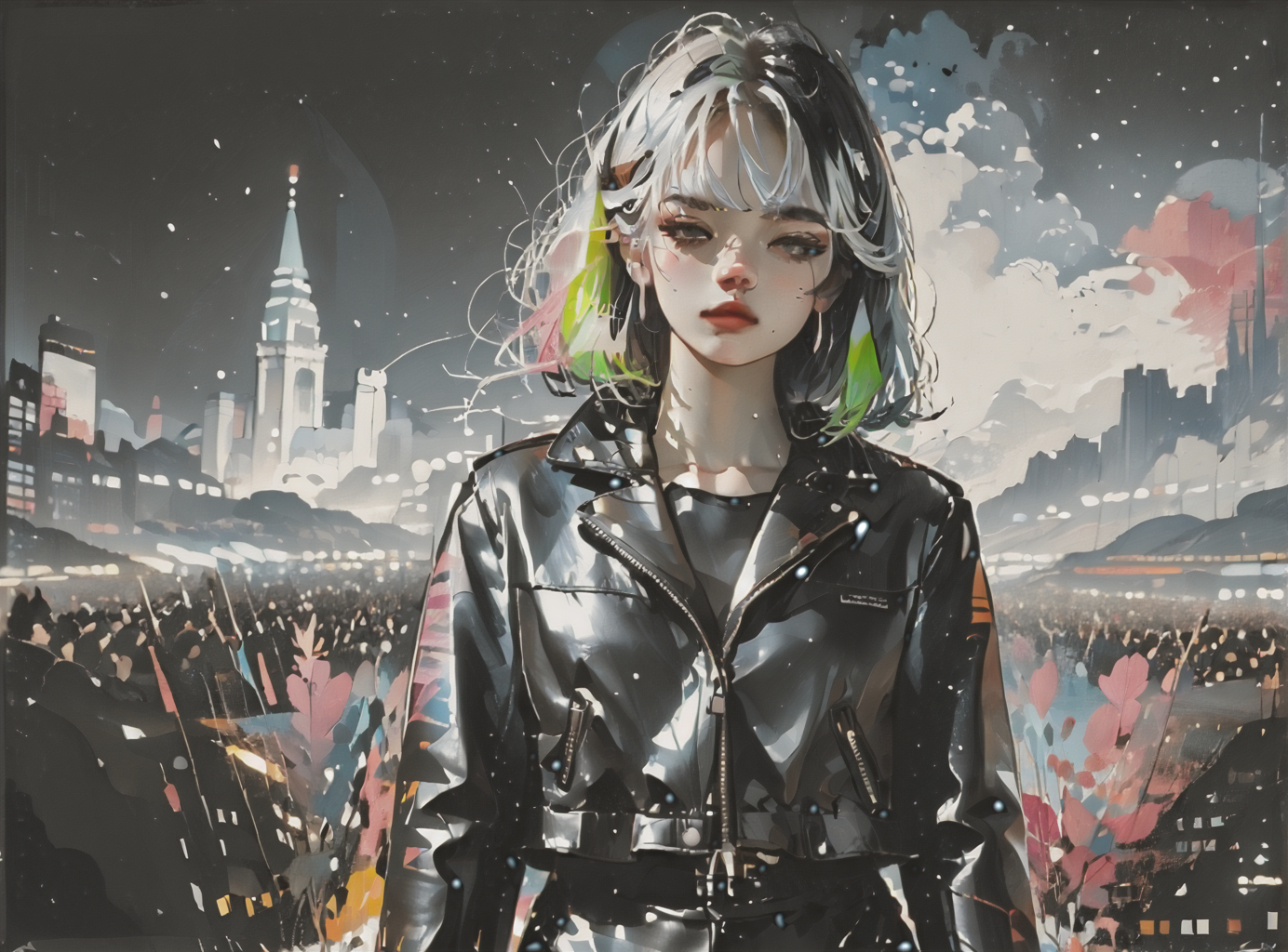score_9, score_8_up, score_7_up, setting focus, character in foreground, establishing shot, 1girl, pale skin, medium breasts, <lora:sm0k3XLP:1>, <lora:goth_clothes:1>, Black leather jacket, black leather pants, black riding boots, white highlights, neon hair color, two tone hair, <lora:john:1>, <lora:simple_cartoon_style:1>, expansive landscape painting background, art gallery,