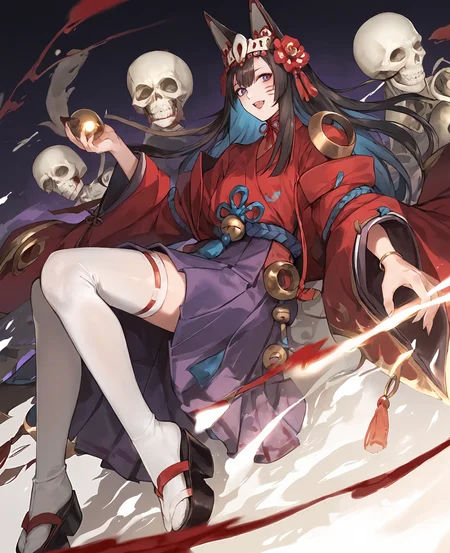score_9,score_8_up,score_7_up,source_anime,rating_safe BREAK masterpiece,highres,best quality,high quality,dramatic angle,cinematic lighting,1girl,<lora:ShadowverseGinsetsu_Pony_V3:0.86>,animal ears,black hair,hair ornament,hair flower,gold trim,tassel,purple eyes,red dress,red kimono,white shirt,facial mark,claws,long fingernails,blood on face,blood on claws,blood,blood on everywhere,horror,portrait,fox,animals,dim,night,mask,holding,open mouth,skeleton,hakama,purple skirt,long skirt,white thighhighs,armored boots,hitodama,magic,