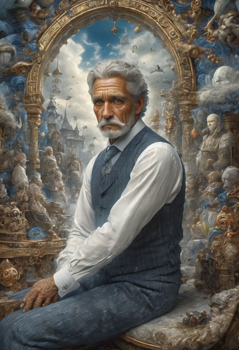 score_9, score_8_up, score_8, score_7_up, score_7, score_6_up, score_6, score_5_up, Score_5, 1man, the watchmaker, A man sitting in front of the spirits of his ancestors, caucasian European male, 40-year-old, wearing a linen suit, a white button down shirt with an ascot, snow white beautiful hair, steely blue-gray eyes, (looking at the viewer), perfectly detailed eyes and facial features, soulful expression, (deep emotion), spiritual, mystical, detailed character design, digital painting, cinematic style, atmospheric lighting, high resolution, (emotional depth), hauntingly beautiful, painstaking attention to detail, insane details, (meticulously detailed and textured skin), 8k resolution, a masterpiece