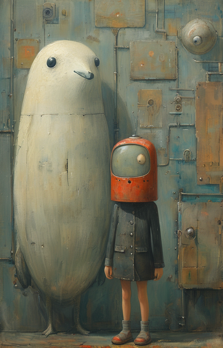 masterpiece,best quality,<lora:tbh161-sdxl:0.9>,illustration,style of Shaun Tan, tech genius teenage girl