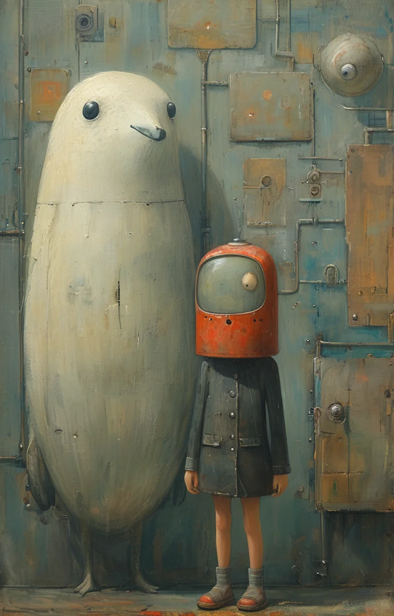 masterpiece,best quality,<lora:tbh161-sdxl:0.9>,illustration,style of Shaun Tan, tech genius teenage girl