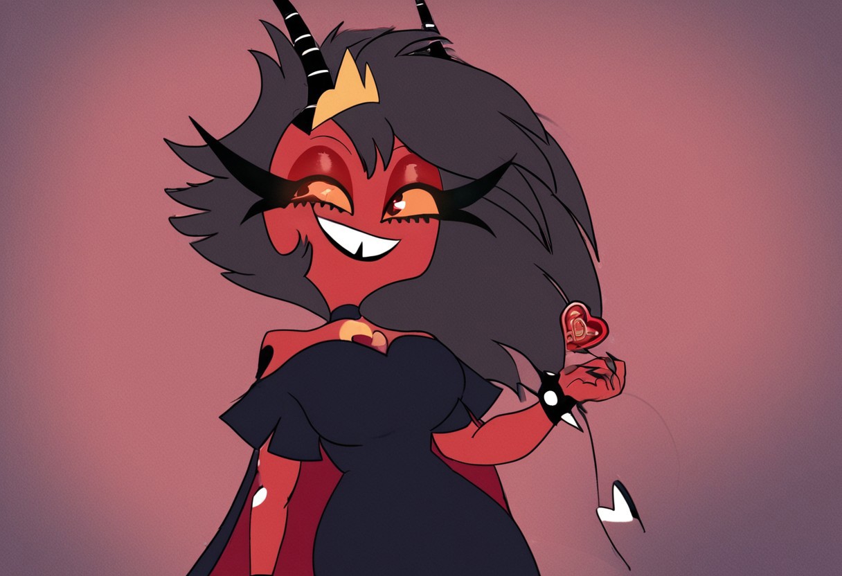 heart floating, heart-shaped pupils, aroused, heart eyes, Valentine's day themed, 1girl, solo, long cape, golden tiara:1.2, black dress, smirk, sexy pose, voluptuous, thick hips, busty:1.2, spiked bracelet, spikes, horns, large breasts, bracelet, crown, ponytail, long hair, smile, jewelry, teeth, nail polish, grin, black dress, red eyes, grin, evil eyes, Millie from Helluva Boss, red body