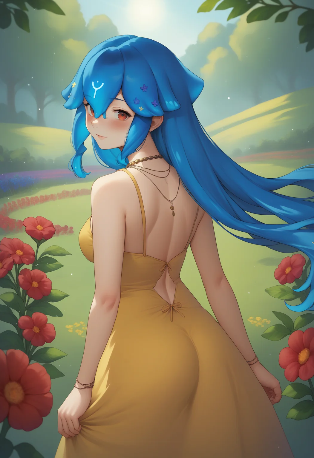 score_9, score_8_up, score_7_up, source_anime, 1girl, solo, <lora:Bao_XLPD:1>, BaoDef, blue hair, liquid hair, long hair, hair between eyes, bangs, necklace, from behind, yellow sundress, flower, garden, sun, daylight, looking at viewer, seductive smile, colorful flowers, red flowers, blue flowers, field, blush,