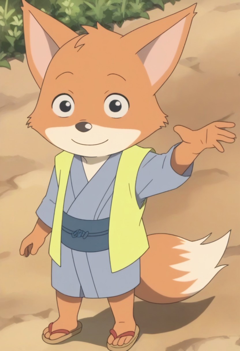 furry, 1boy, furry male, male focus, solo, looking at viewer, fox, fox boy, full body, animal ears, fox ears, black eyes, japanese clothes, kimono, sandals, tail, fox tail, smile, high quality