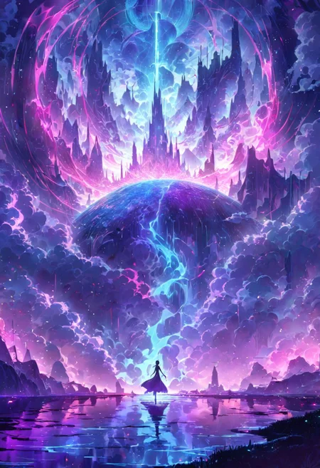 serene night, beautiful sky, dancing silhouette, Complex landscape, best quality, pastel colors, light blue tint, aesthetic Ethereal, Effulgent, Idyllic atmosphere,  Tranquil,  ethereal quality, cinematic volume, Twinkling lighting, glowing aura, global illumination,  glowneon, Anisotropic Filtering, Unrivaled Opus, Unconventional, hyper detailed, HDR,