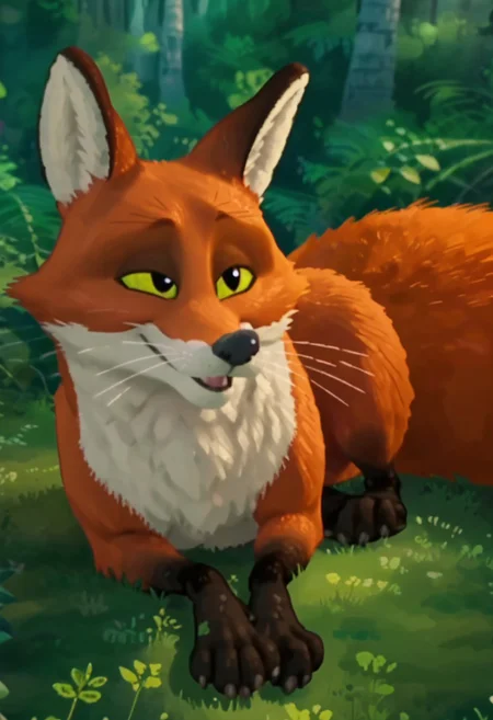 Fink, red fox, Male, furry, bushy long tail, Whiskers, yellow eyes, black pupils, screencap, Fluffy fur,happy Expression on face Expressiveh forest background,laying on side, detailed puffy,