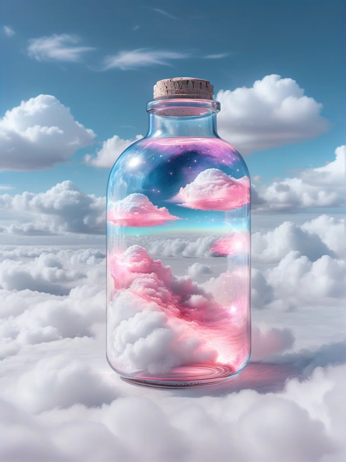 realistic, Surreal Dreams, Surrealism Art by DrDream,sky,pink clouds,in the middle of the picture is a transparent glass bottle,which stores a cosmic galaxy