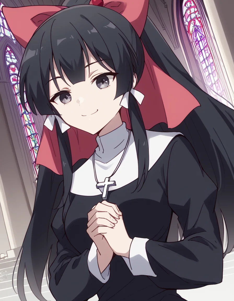 score_9, score_8_up, score_7_up, source_anime, <lora:yae-kokonoe-s2-ponyxl-lora-nochekaiser:1>, yae kokonoe, long hair, bangs, black hair, bow, ribbon, hair ribbon, ponytail, hair bow, black eyes, grey eyes, medium breasts,, <lora:traditional-nun-ponyxl-lora-nochekaiser:1>, traditional nun, nun, habit, long sleeves, dress, black dress, jewelry, black veil, cross, cross necklace,, church, smug, praying,, , dutch angle, cowboy shot