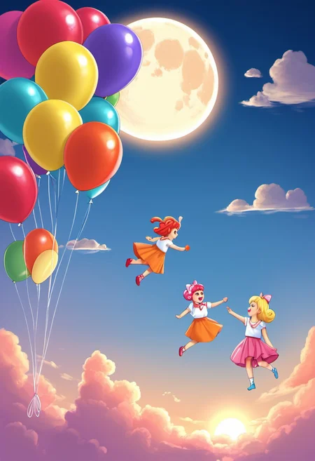 lollipops, floating like balloons, blue sky, cottom candy clouds, rainbow candy's, sunset, banana moon , 3 children looking at the sky.