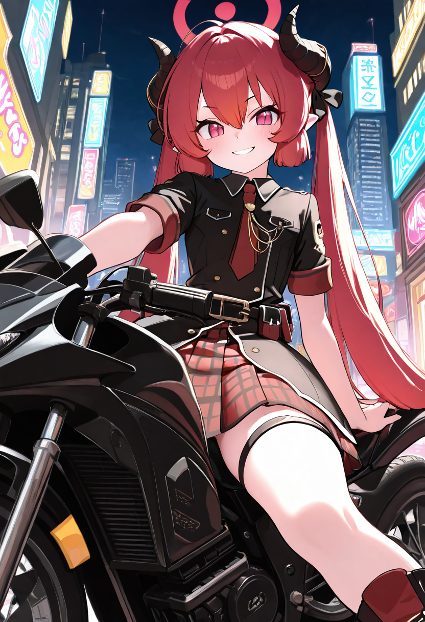 masterpiece, best quality, solo, curvy, beautiful eyes, narrow waist, wide hips, 1girl, solo, smile, looking at viewer, dynamic angle, foreshortening, close up,    zzJunko, red eyes, red halo, red hair, horns, long hair, twintails, halo, demon horns, pointy ears, hair between eyes, black horns,   ,       <lora:JunkoBlueArchiveIXL:1.0>, [Night Rider], black biker vest with patches and leather detailing, tight black jeans, silver chain belt, combat boots, black helmet with a dark visor, hands gripping the handlebars of a matte black sportbike, ready for a night ride through the city, neon lights reflecting off the motorcycle and city streets,