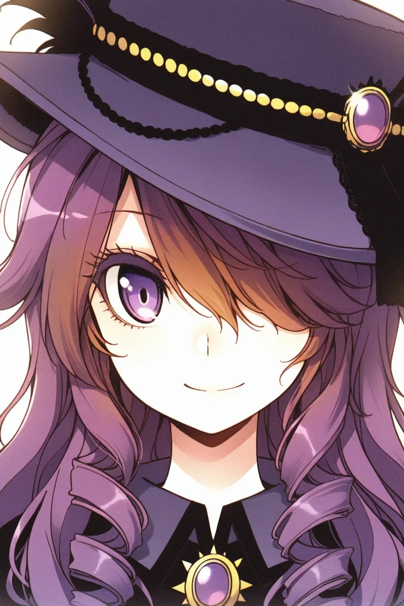 masterpiece, best quality, amazing quality,
<lora:CrzNghbr_IL:1> crznghbr, solo, 1girl, smile, purple eyes, hair over one eye, long hair, hat, looking at viewer, purple hair, brown hair, drill hair, closed mouth