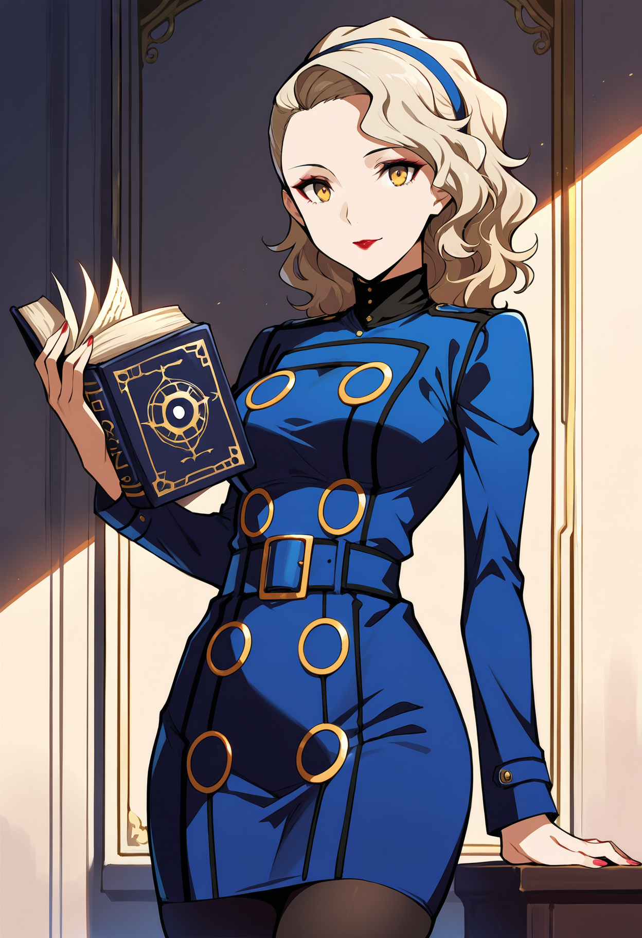 (masterwork, masterpiece, best quality, hyper-detailed :1.1), 
1 girl, solo,
p4margaret, yellow eyes, blonde hair, long hair, wavy hair, headband, lipstick, makeup, dress, long dress, pencil dress, blue dress, long sleeves, pantyhose, black pantyhose,
cowboy shot, looking at viewer, faint smile, book, grimoire, open book,