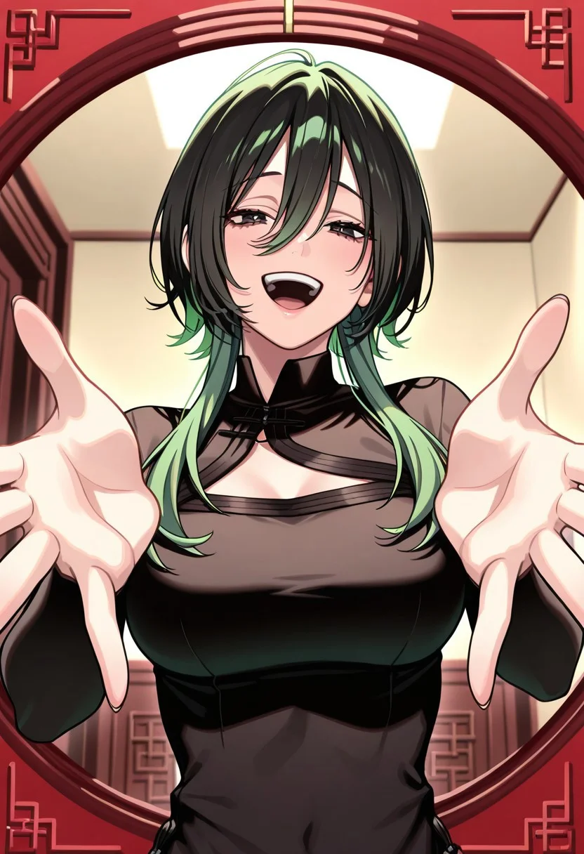 masterpiece, best quality, highres, newest, 1girl, utsuro_gokurakugai, long wolf cut, short hair with long locks, two-tone hair, multicolored hair, layered hair, hair between eyes, gradient hair, black hair, green hair, official style, large breasts, collarbone, chinese dress, cleavage cutout, fashion, smile, indoor, looking at viewer, open mouth, five fingers, frontal view, outstretched hand to the viewer, upper body, centered image