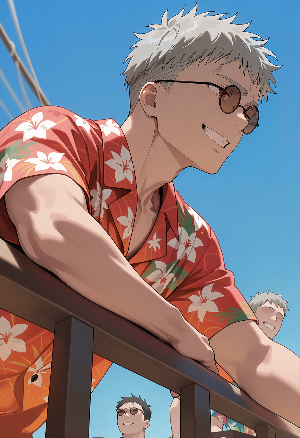 <lora:Fujimoto_Shiro_Blue_Exorcist__Ao_No_Exorcist__éã®ç¥é­å¸«_v2:1>,
fsh1r0,grey hair,red eyes,1boy,male focus,solo,round eyewear,glasses,
from below,(from side:0.6),sunglasses,hawaiian shirt,leaning forward,against railing,grin,arm rest,(looking afar:1.1),ship deck,blue sky,depth of field,summer,family,faceless,blurry background,
masterpiece,best quality,amazing quality,absurdres,highres