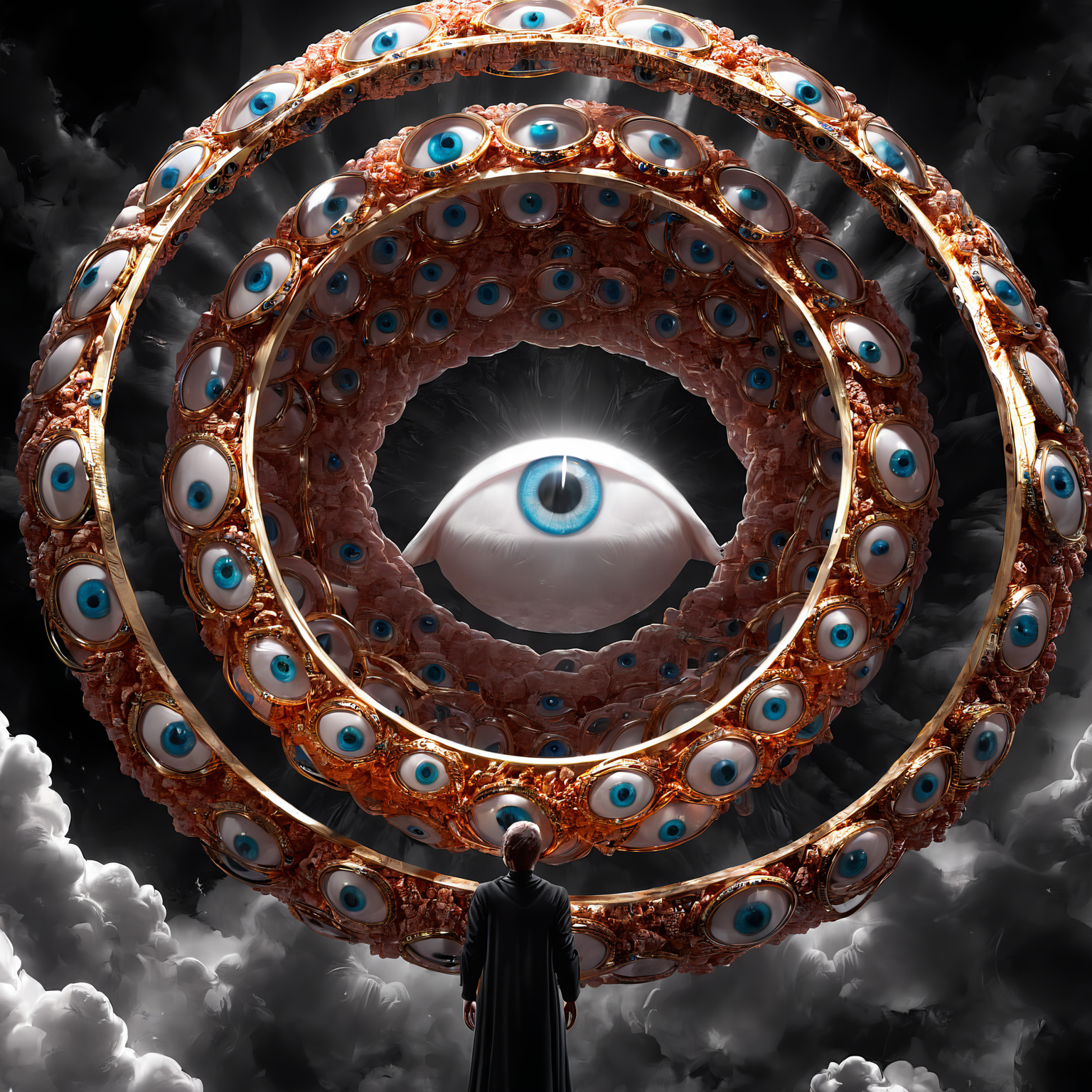seraphins, mystical creature with hundreds of eyes and wings, with the shape of a giant ring, circular hoops around body, massive size, angelical lights <lora:Seraphins1.0-000038:0.8>