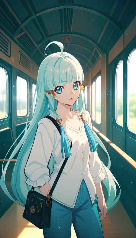 (score_9,score_8_up,score_7_up),
anime screencap, by ufotable,
tales of (series), tales of zestiria,
solo, solo focus,
<lora:ufotable_lora_pony:1>
BREAK
1girl, looking at viewer,
blue eyes, light green hair, absurdly long hair, light particles,
white shirt, blue pants, handbag, ahoge, train station,
hime cut, tassel earrings, low-tied sidelocks, blunt bangs,