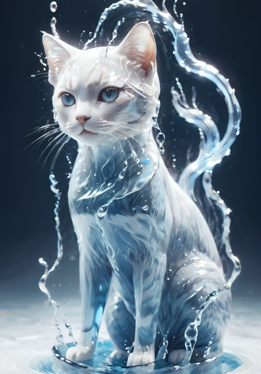 (Masterpiece, high quality, best quality, official art, beauty and aesthetics:1.2),<lora:xl-shanbailing-æ°´åç´ 1011waterV20:0.85>,water element,a cat made of water,water,(cat:1.2),