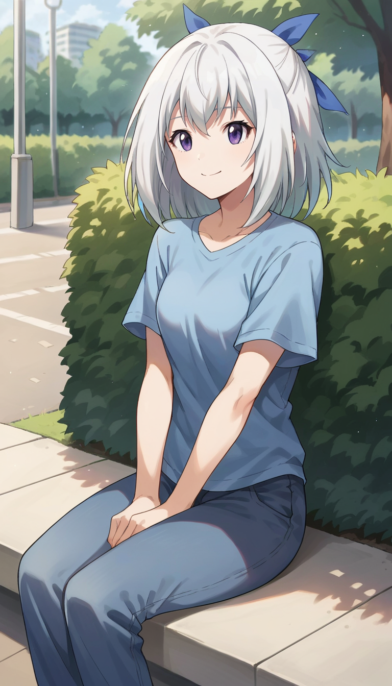 score_9, score_8_up, score_7_up, source_anime, 1girl, solo, sayaka, purple eyes, medium hair, white hair, bangs, blue shirt, pants, hair ribbon, sitting, park, smile, <lora:sayaka-keijo!!-pdxl:0.8>