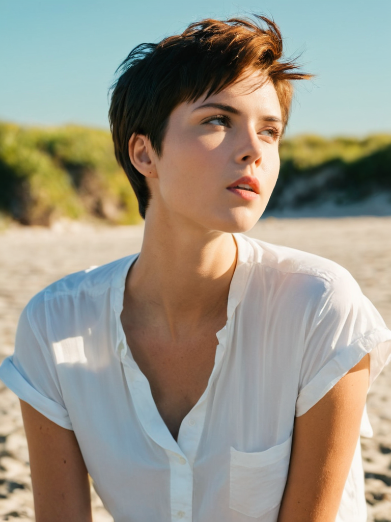 woman, european, dreaming, (looking away:1.7), surprised<lora:A_SHort_Cut_v3_SDXL:1.2>(very short hair:1.3), (tomboy hair:1.1), on the beach, white shirt, (sunny day),