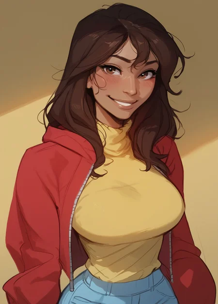 safe_pos, (score_9, score_8_up, score_7_up, score_6_up), Expressiveh, ((sketch, pastel, flat color)), masterpiece,
BREAK ((1girl, kamala khan, kamalakhan, brown hair, brown eyes, dark skin, long hair, dark-skinned female, large breasts, slender, medium waist, wide hips)),
smile, blush, looking at viewer, (red hoodie, jacket, yellow shirt, blue jeans), portrait, solo, upper body