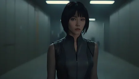 Motoko Kusanagi in Blade Runner 1982, neo noir, cyberpunk, cinema still medium shot 8k, wearing school uniform